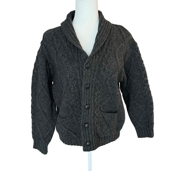Arancrafts Ireland Gray Merino Wool Fisherman Shawl Cardigan Medium Grandpacore - Picture 1 of 5